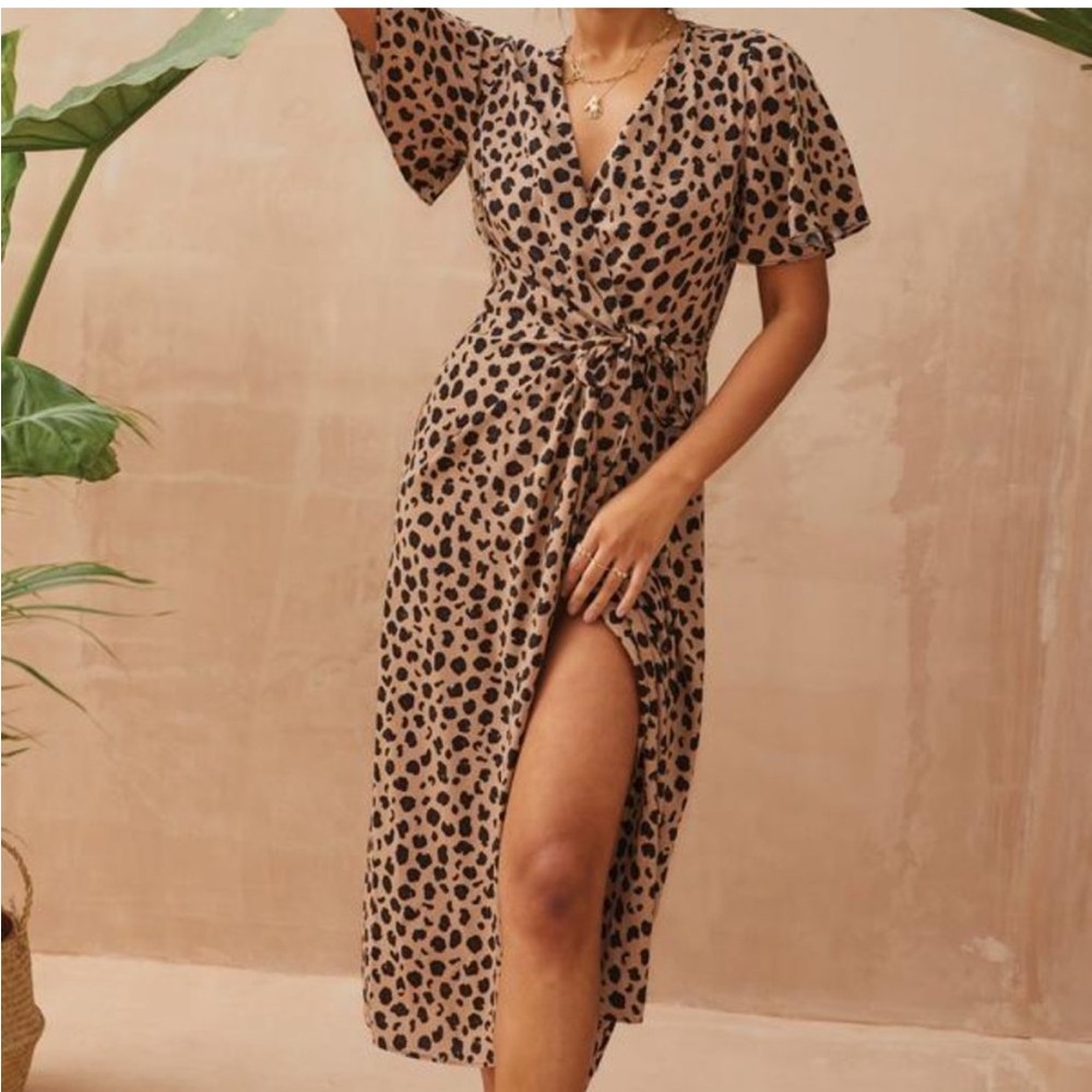 Never Fully Dressed Tan and Black Midi Dress animal print wrap